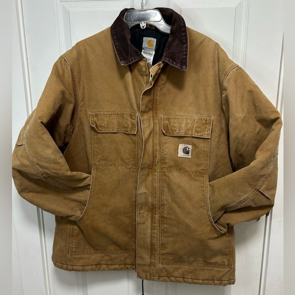 Carhartt Men's Y2K Tan Field Jacket with Brown Collar